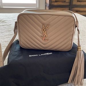 YSL Saint Laurent Lou Medium Camera Bag Calfskin Dark Beige Nude Purse Crossbody
